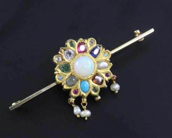 An Indian gold, enamel and multi gem set bar brooch, 2.25in.